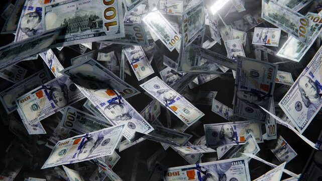 Falling new 100 dollar bills in the rays of light. A rain of money. 4K 3D loop animation