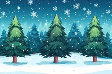 Winter Wonderland Scene with Snowflakes and Pine Trees in Forest
