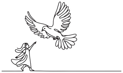 Obraz premium continuous one single line art doodle drawing of dove or pigeon flying out of child hand illustration on white background