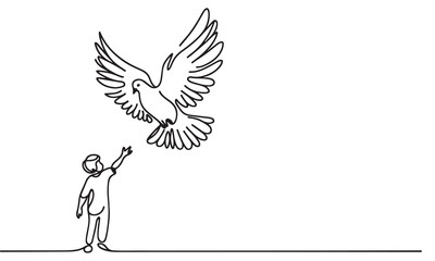 Fototapeta premium continuous one single line art doodle drawing of dove or pigeon flying out of child hand illustration on white background