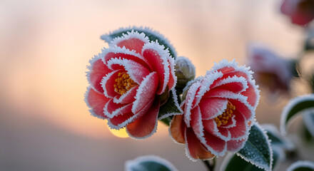 Frosty Camellias with Soft Sunrise Tones in a Winter Garden