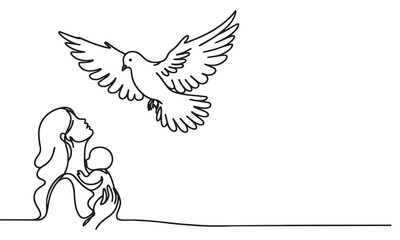continuous one single line art doodle drawing of dove or pigeon flying out of child hand illustration on white background