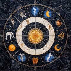 Obraz premium Kumbh Mela Zodiac Mandala with Indian Motifs and Water Patterns for Spiritual Harmony