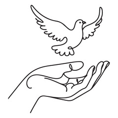 Obraz premium continuous one single line art doodle drawing of dove or pigeon flying out of child hand illustration on white background