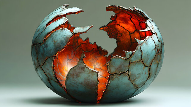 Abstract Sculpture, Fractured Sphere, Glowing Core, Pottery Art