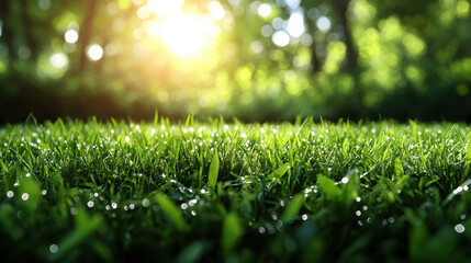 Naklejka premium Fresh dew covered grass glistening in early morning sunlight, evoking serene and refreshing atmosphere.