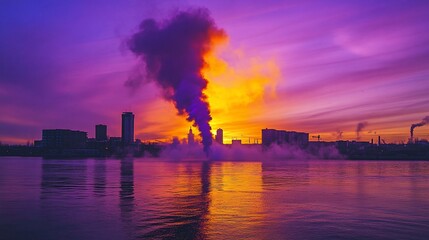 Obraz premium Vibrant Sunset over Industrial Cityscape with Smoky Atmosphere Reflecting on Calm Water