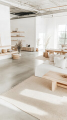 Serene minimalist living space bathed in sunlight