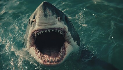 Fototapeta premium Great White Shark's Jaws Open Wide in Ocean Waters, Unveiling Razor-Sharp Teeth, a Majestic Predator's Power Display.