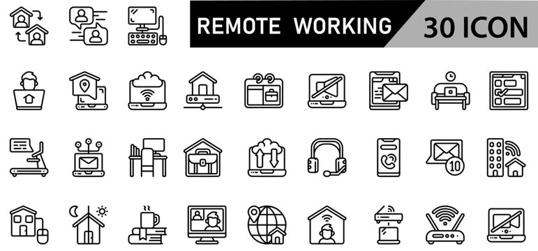 Remote Working-Benefits, Tips & Best Jobs for Work from Home Success- Minimalist Remote Working Icon Pack | 30 Outline Vector Icons, Editable stroke.