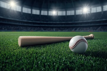 Baseball Bat and Ball on Green Grass Field Under Bright Stadium Lights with Blurred Background