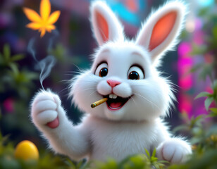 Happy Easter Bunny enjoying a relaxed moment with a cannabis joint. A playful and whimsical twist on traditional holiday fun with a hint of humor and carefree vibes.
