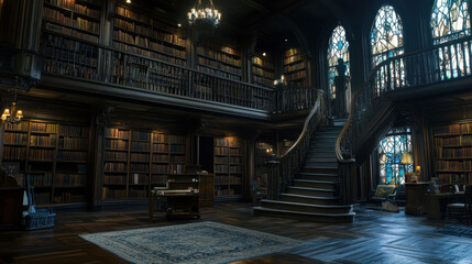 Grand library, imposing staircase, dark wood, stained glass.