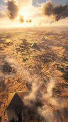 Golden pyramids sunrise desert landscape ancient wonder