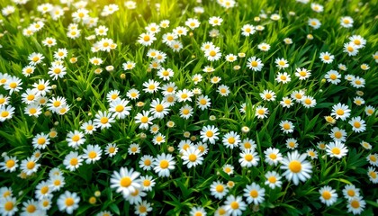 Lush green grass meadow, scattered white daisies, spring wildflowers