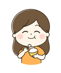 白米をもぐもぐ美味しそうに食べている女性のゆるかわイラスト