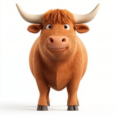 Adorable Cartoon Brown Highland Cow Fluffy Fur Cute Bull Happy Expression Farm Animal Illustration