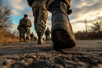 Soldados caminando por una carretera rural al atardecer, con primer plano de una bota militar en marcha, simbolizando disciplina, resistencia y misión en equipo