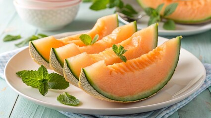 Perfectly sliced cantaloupe served on a plate with fresh mint leaves for a refreshing treat at a summer gathering
