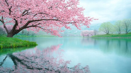 Serene cherry blossom lake reflection, spring landscape, peaceful scene