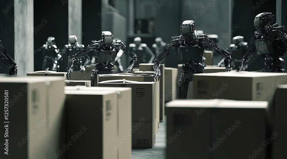 Poster robots efficiently sort packages in a warehouse, automating logistics with precision and speed in a 