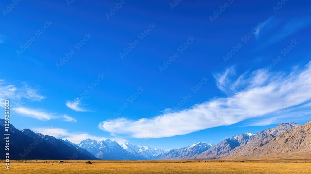 Poster expansive field with mountains in the background under a clear blue sky during daytime