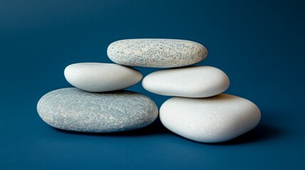 Fototapeta premium Stack of smooth stones balanced on dark blue surface
