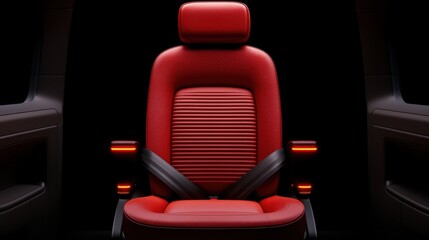 Obraz premium Seat belt and safety innovation, A striking red car seat is illuminated against a dark backdrop, showcasing its modern design and safety features.