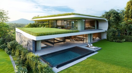 Modern green roof villa, pool, mountain view, luxury home