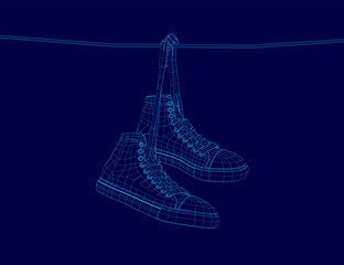 A pair of shoes are hanging in the air, with the left shoe being slightly higher than the right. The shoes are blue and appear to be made of a synthetic material. The image has a futuristic