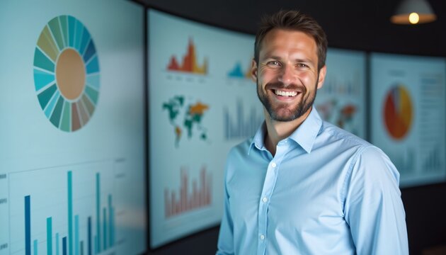 Confident Businessman Smiling Near Charts and Graphs Data Analysis Success