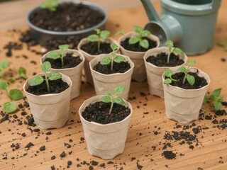 A collection of biodegradable pots with small seedlings sprouting, placed on a wooden surface with scattered gardening soil and a watering can nearby. The image evokes freshness and new beginnings in 