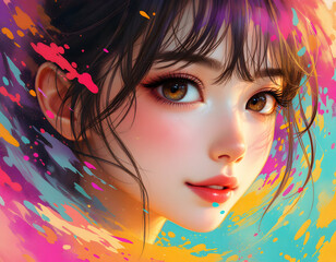 A captivating abstract painting of an anime girl’s face, featuring vibrant splashes of color and...