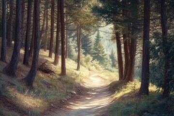 Obraz premium Sunlit Forest Path Winding Through Pines