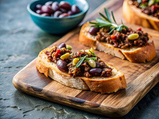Delicious ciabatta bruschetta with olive tapenade. Tasty food background