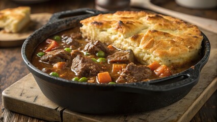 Close up of delicious beef casserole with biscuit topping in a cast iron pot served on rustic wooden table