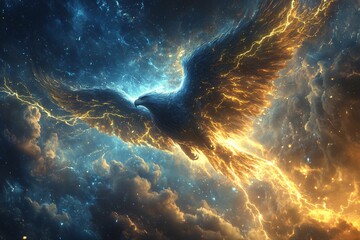 Majestic Eagle Soaring Through Celestial Lightning and Clouds