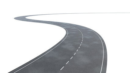 Realistic 3D render of an asphalt road curving into the distance. Isolated on transparent, providing ultimate flexibility for your design. Ideal for transportation or adventure themes. © Jangart