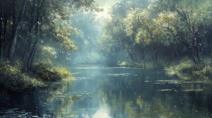 Fototapeta premium A tranquil lakeside with calm waters, surrounded by lush green trees.