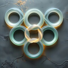 Abstract Geometric Arrangement Of Illuminated Circular Shapes On A Textured Gray Surface And Background With Gradient Effects and Visual Depth. It Exhibits Modern Aesthetic with Soft Light and