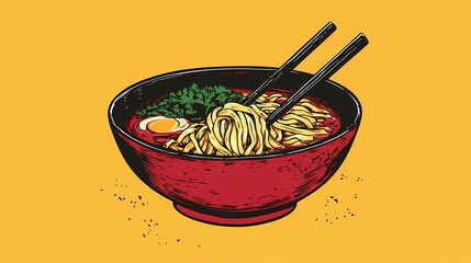 Aesthetic ramen illustration with soft textures and dynamic composition, designed for culinary art projects, digital media, and advertisements, graphic book style