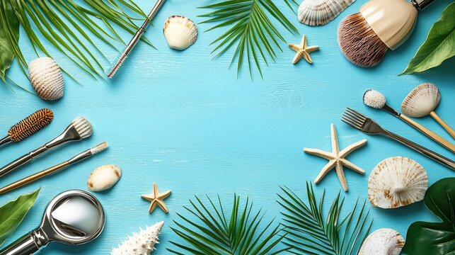 Tropical spa tools on blue wood. Summer beauty background