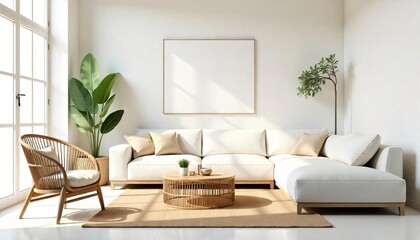 Modern Minimalist Living Room Interior Design with White Sectional Sofa Rattan Chair and Neutral