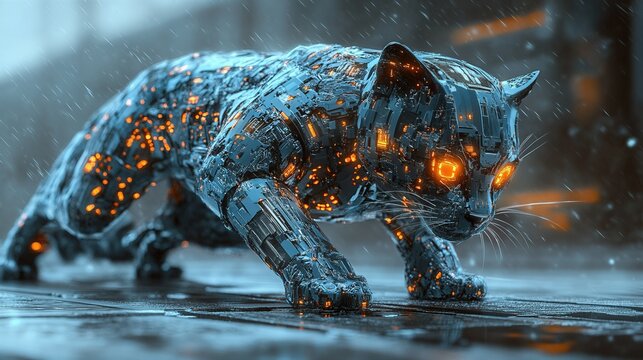 Metallic cat sculpture featuring cybernetic design with prefixed chords and intricate details