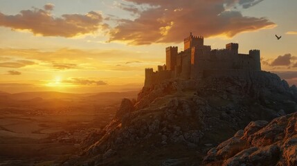 A medieval castle perched on a rocky hill during sunrise.