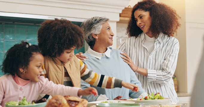 Mother and daughter, kids and bonding with dinner in home for social gathering, celebration and food feast. People, happy and conversation for holiday tradition, lunch event and connection in house