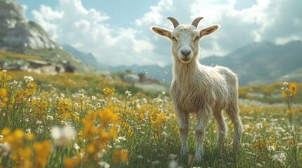 View from beside body of a three Anglo-Nubian goat standing on grass, Awe-inspiring, Full body shot ::2 low Angle View