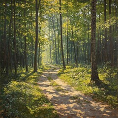 Fototapeta premium Sunlit forest path, tranquil nature scene, peaceful background, ideal for nature posters