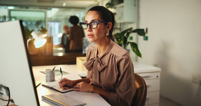 Computer, research and notebook with business woman in office for sustainability consultant, planning and report. Environmental audit, corporate social responsibility and energy solutions with person
