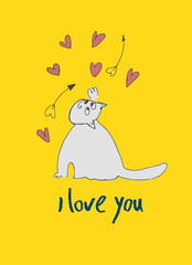 Card with hand drawn cat like a sketch. Vector element for greeting card, social media post. Love, Romance, Valentines Day concept